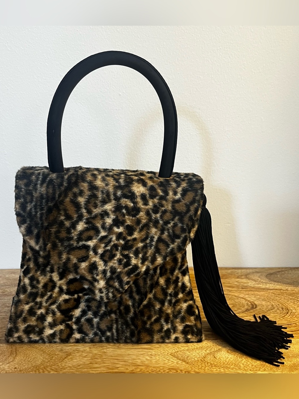 VINTAGE Y2K Mini Leopard Faux Fur Top Handle Bag with Statement Tassel